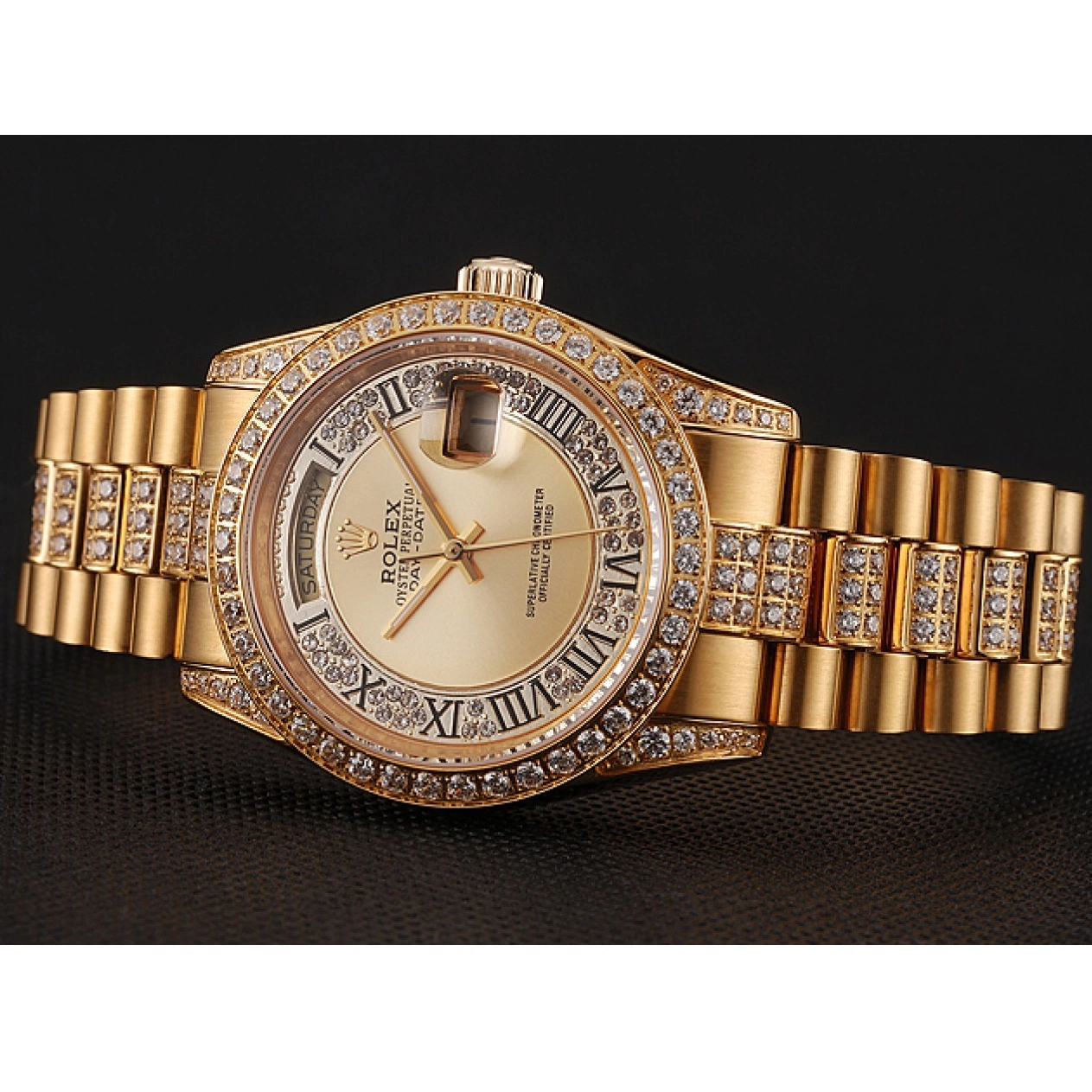 AAA Replica Watches Gold Bracelet Gold Day-Date Diamond 1453954 Swiss Pave Dial Diamond Rolex 0823